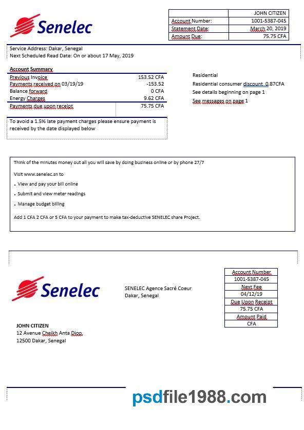 Senegal Senelec Agence Sacre Coeur Electricity Bill